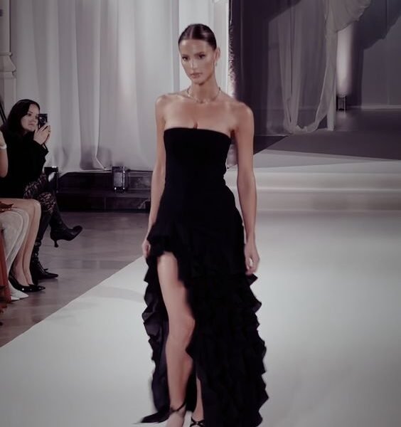 Pretty High Low Strapless Black Chiffon Floor Length Prom Dresses Evening Dress C2594