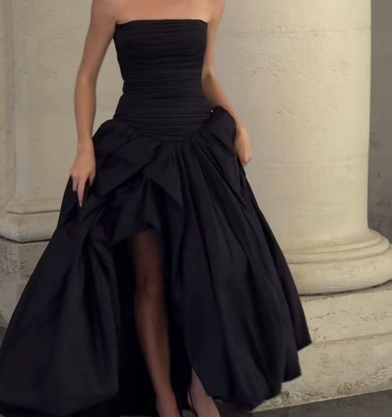 Pretty Ball Gown Strapless Black Satin Long Prom Dresses With Ruffles Evening Dress C2598