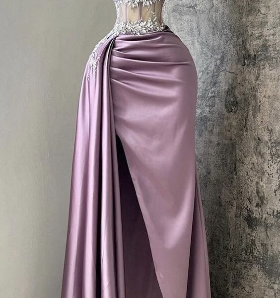 Sexy Sheath Strapless Lilac Satin Slit Floor Length Prom Dresses Evening Dress C2611