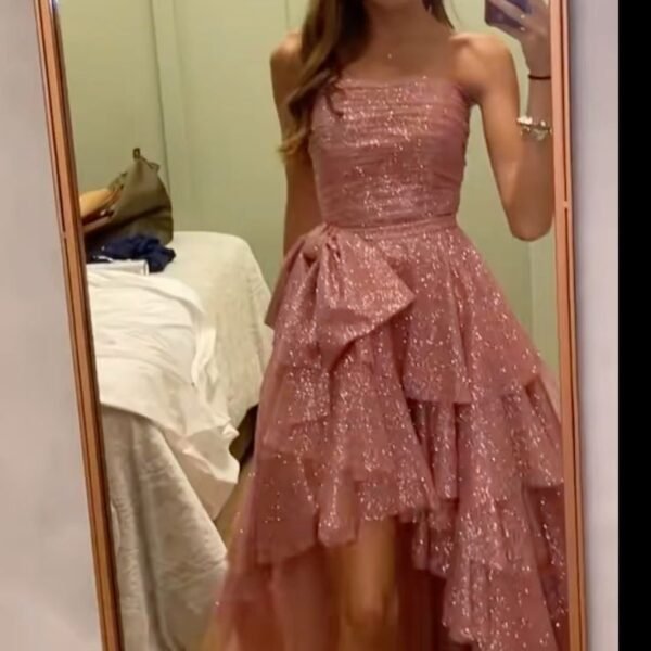 Fancy High Low Strapless Pink Sequin Long Prom Dresses Evening Dress C2629
