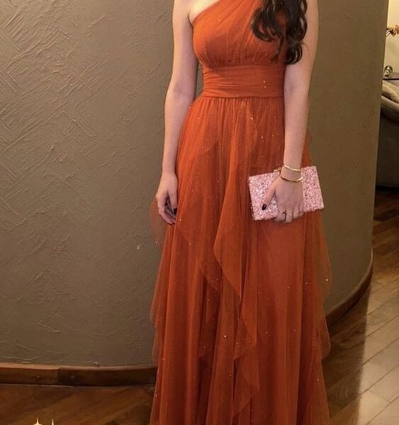 Fancy A line One Shoulder Rust Orange Tulle Long Prom Dresses Ruffles Evening Dress C2639