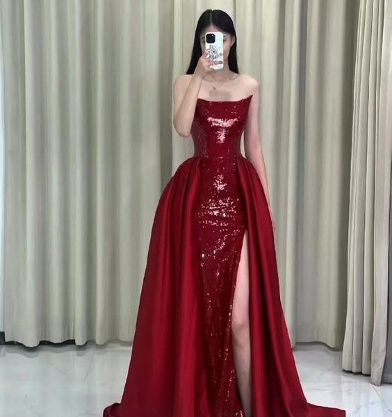 Pretty Strapless Red A Line Long Prom Dresses With Slit C2667