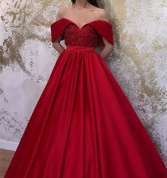 Pretty Long A-line Off-the-shoulder Satin Sweetheart Formal Prom Dresses C2669