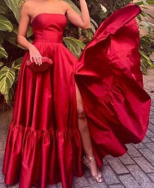Simple A-line Strapless Prom Dress With Slit C2671