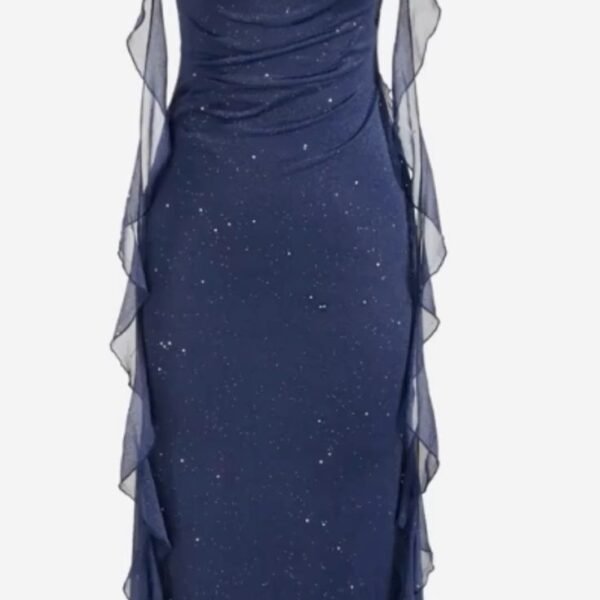 Elegant Sheath Square Neckline Navy Blue Chiffon Ruffles Prom Dresses Formal Dress C2733