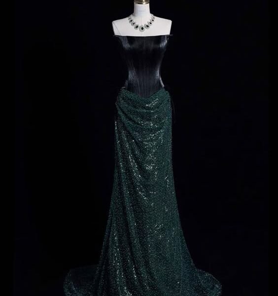 Elegant Mermaid Strapless Sequin Green Long Prom Dresses Formal Dress C2739