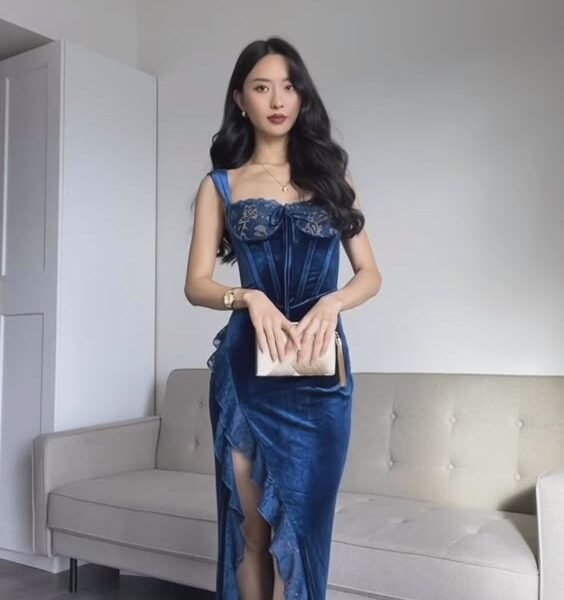 Elegant Sheath Straps Lace Ruffles Velvet Navy Blue Slit Prom Dresses Evening Dress C2769