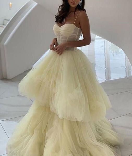 Princess A Line Spaghetti Straps Layers Daffodil Tulle Prom Dresses Unique Formal Dress C2781