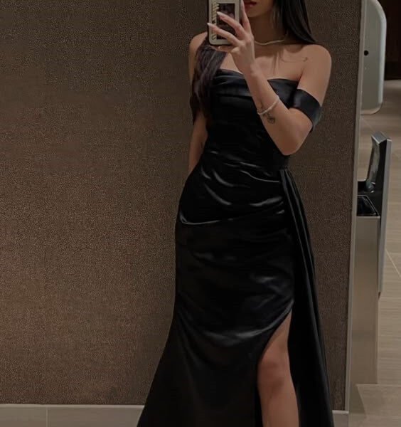 Pretty Sheath Off The Shoulder Slit Black Satin Prom Dresses Evening Dress C2799