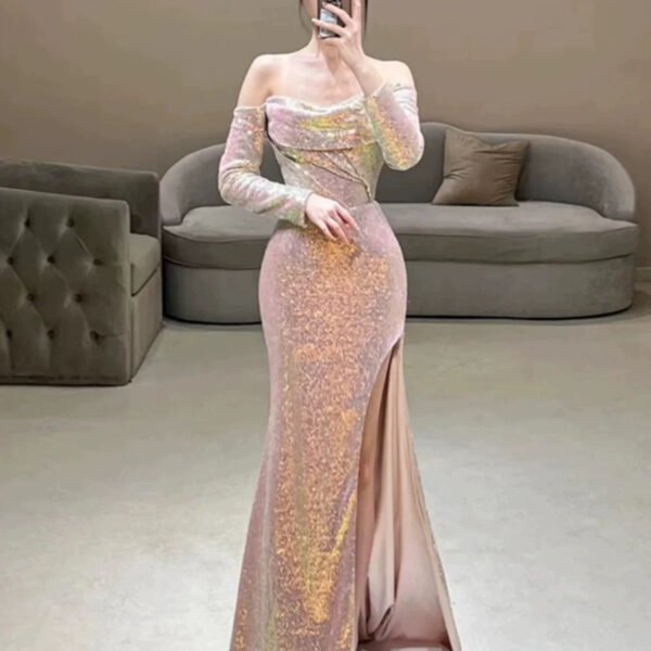 Elegant Mermaid Strapless Pink Slit Sequin Long Prom Dress Evening Dresses C3270