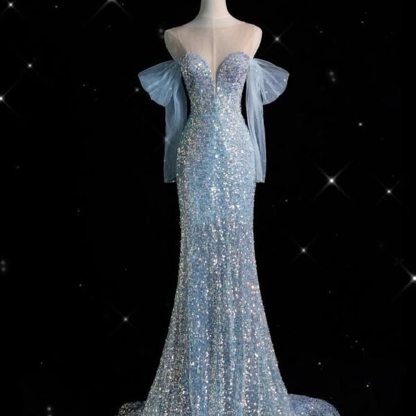 Pretty Mermaid Off The Shoulder Sequin Long Sleeves Evening Dress Prom Dresses C3421