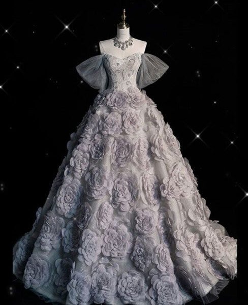 Pretty Ball Gown Off The Shoulder Gray Tulle Flowers Evening Dress Prom Dresses C3424