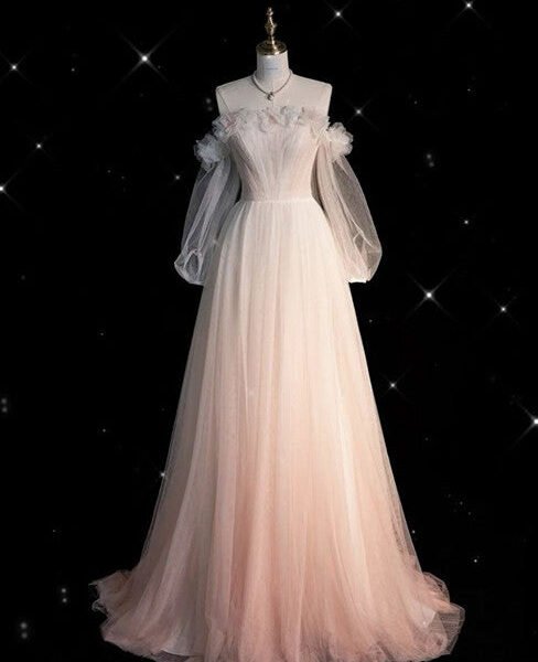 Pretty A Line Off The Shoulder Tulle Pink Long Ruffles Evening Dress Prom Dresses C3426