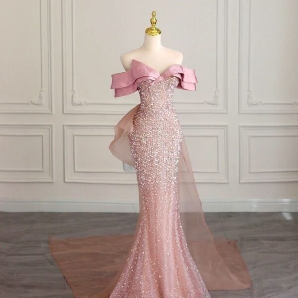 Pretty Mermaid Off The Shoulder Sequin Pink Long Evening Dress Prom Dresses With Bow C3445