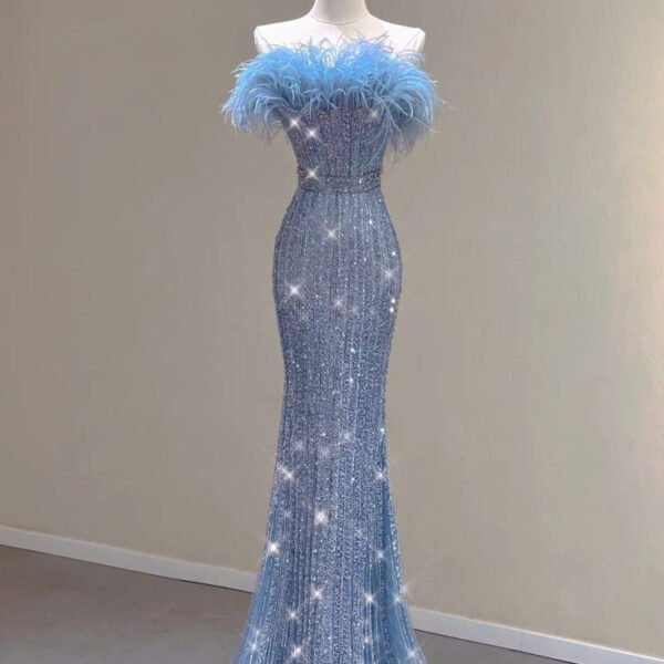 Pretty Mermaid Strapless Sequin Long Evening Dress Prom Dresses With Feather C3447