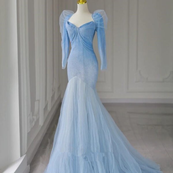 Pretty Mermaid Sweetheart Tulle Blue Long Sleeves Evening Dress Prom Dresses With Ruffles C3451
