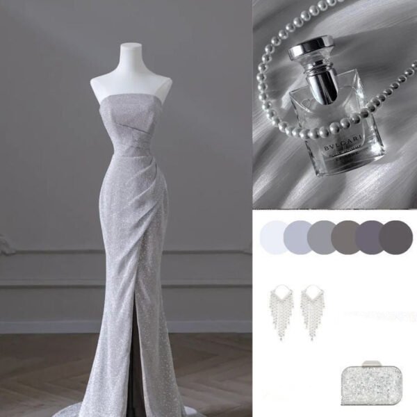 Sparkly Mermaid Strapless Sequin Long Slit Evening Dress Prom Dresses With Ruffles C3456