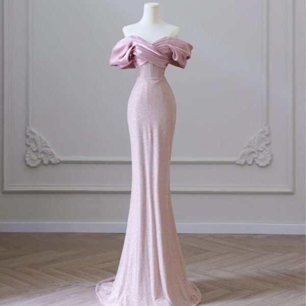 Pretty Mermaid Off The Shoulder Sequin Long Evening Dress Pink Prom Dresses With Ruffles C3467
