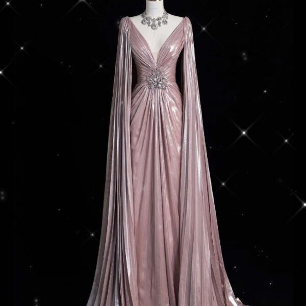 Pretty A Line V Neckline Sequin Long Sleeves Pink Evening Dress Prom Dresses C3469