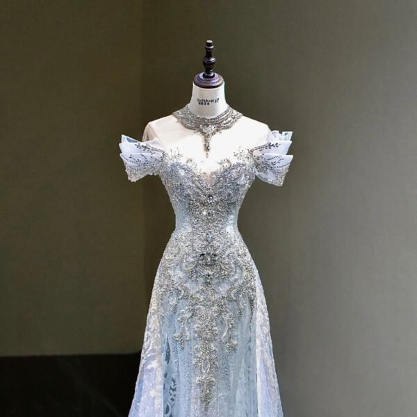 Pretty Mermaid Off The Shoulder Sequin Cap Sleeves Blue Evening Dress Long Prom Dresses With Beads C3471