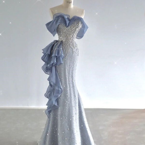 Pretty Mermaid Off The Shoulder Sequin Cap Sleeves Blue Evening Dress Long Prom Dresses With Ruffles C3472