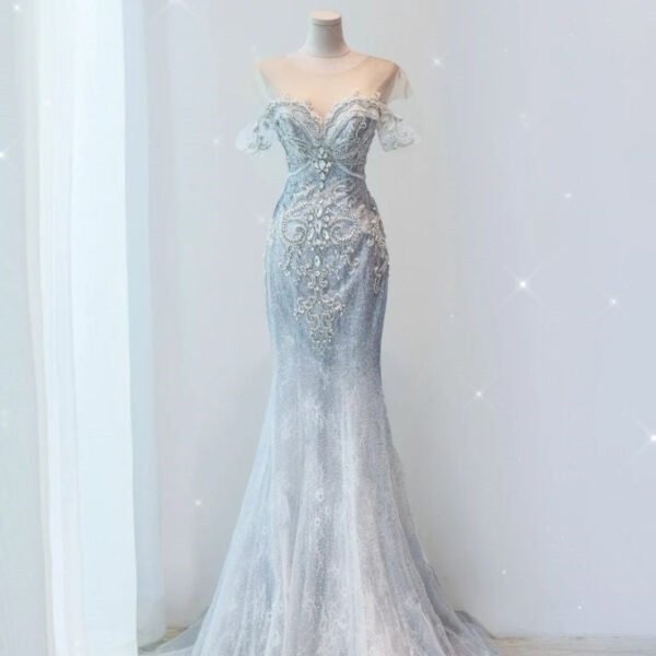 Pretty Mermaid Off The Shoulder Sequin Cap Sleeves Gray Evening Dress Long Prom Dresses With Beads C3473