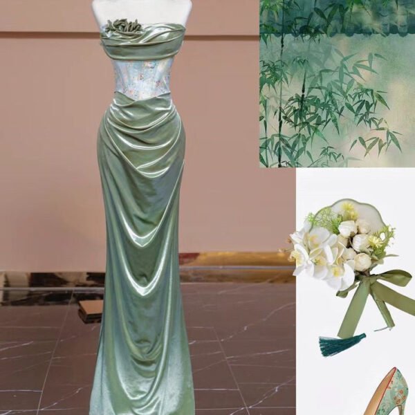Pretty Mermaid Sweetheart Satin Green Long Evening Dress Prom Dresses C3480