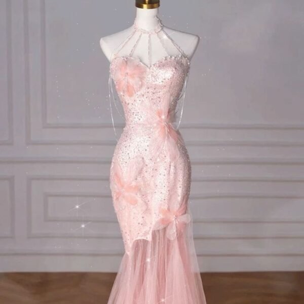 Elegant Mermaid Sweetheart Sequin Pink Sleeveless Long Prom Dresses C3486