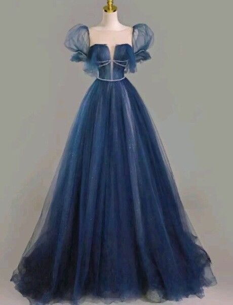 Pretty A Line Short Puffy Sleeves Navy Blue Long Evening Dress Prom Dresses With Beads C3488