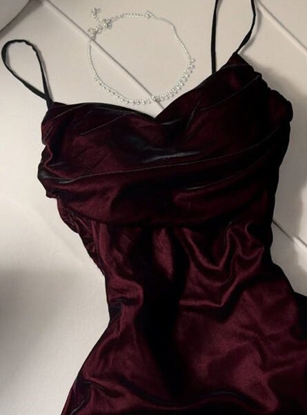 Elegant A Line Straps Burgundy Satin Long Prom Dresses Party Dresses C3529