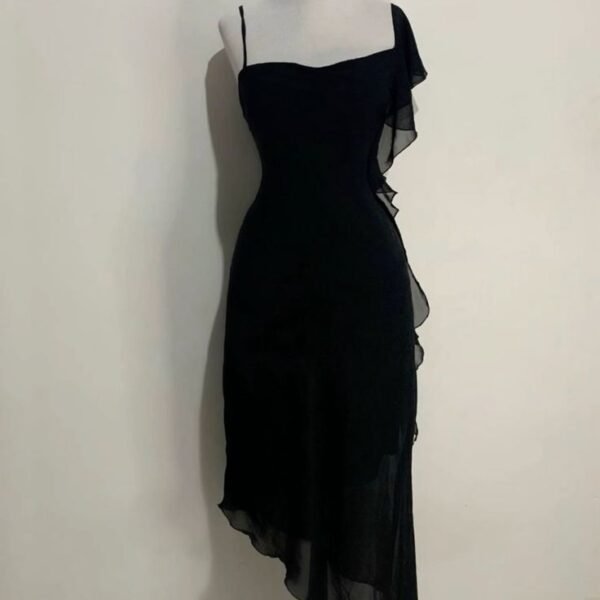 Elegant High Low Straps Black Chiffon Prom Dress Birthday Outfits C3544