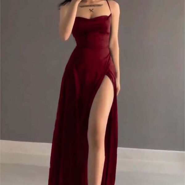 Elegant A Line Spaghetti Straps Red Satin Long Length Prom Dresses Birthday Outfits CC3550
