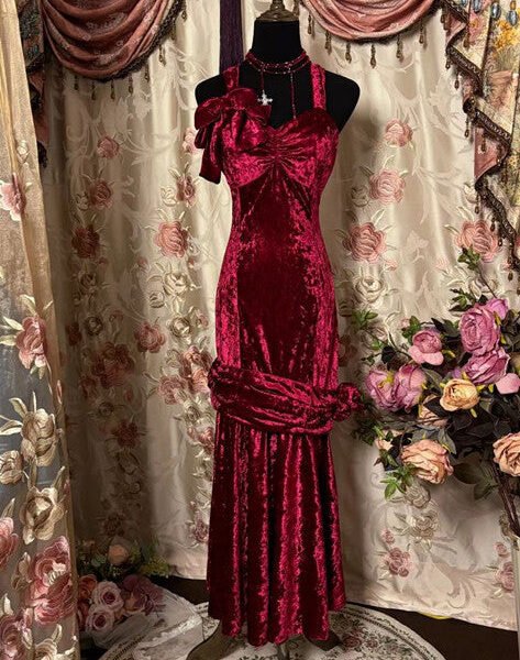 Elegant Mermaid Straps Burgundy Velvet Long Length Prom Dresses Birthday Outfits C3552