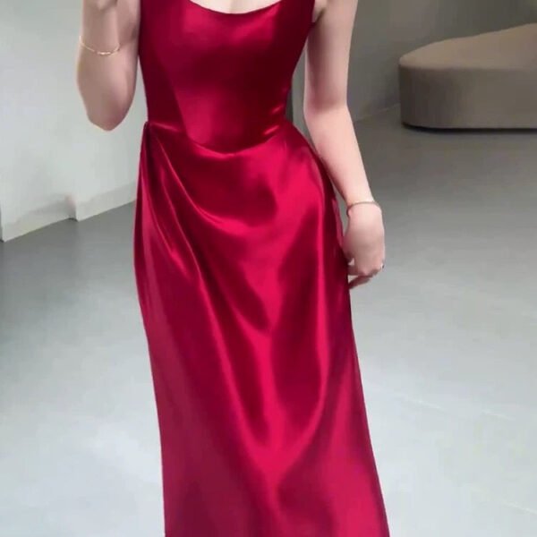Pretty A line Straps Red Satin Long Floor Length Prom Dresses C3604