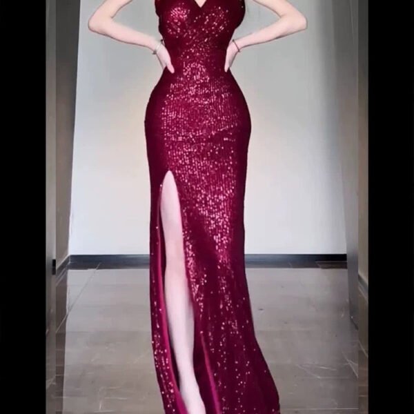 Gorgeous Sheath Spaghetti Straps Burgundy Sequin Long Evening Dress Prom Dresses Birthday Outfits C3608