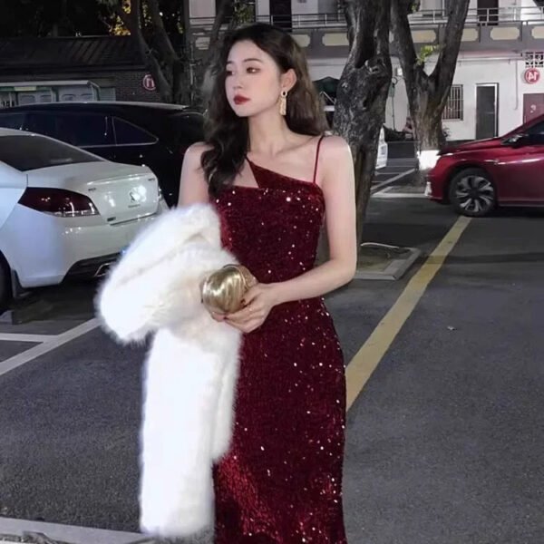 Gorgeous Sheath Spaghetti Straps Wine Red Sequin Evening Dress Prom Dresses Birthday Outfits C3616