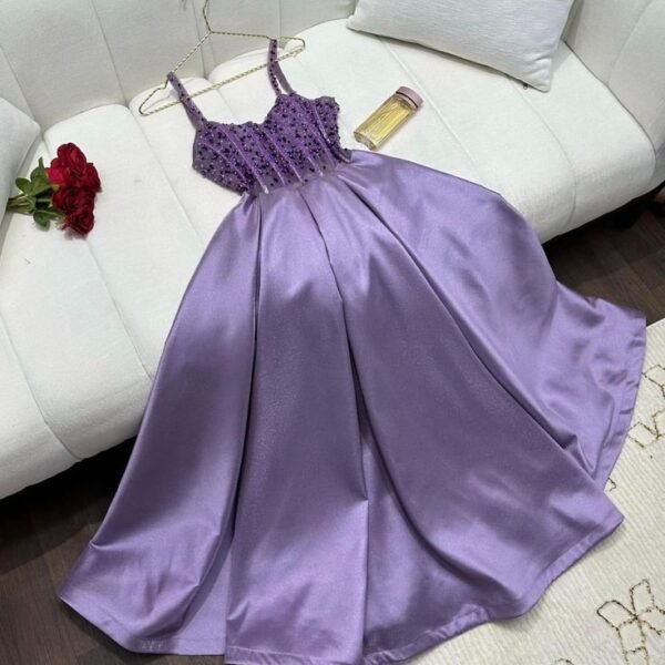 Pretty A Line Spaghetti Straps Lilac Satin Evening Dress Prom Dresses With Beads C3679