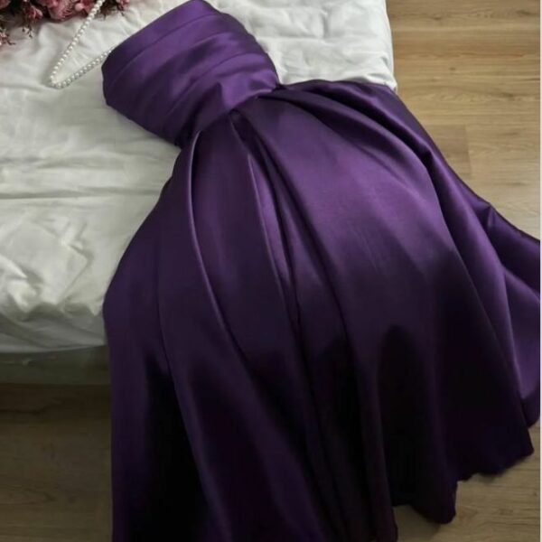 Pretty A Line Strapless Grape Satin Evening Dress Prom Dresses With Ruffles C3685