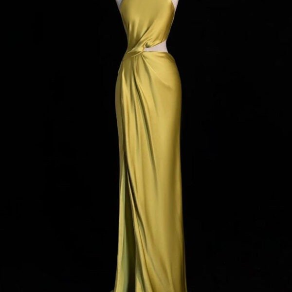 Sexy A line Boat Neckline Gold Satin Prom Dresses Party Evening Dress C3722