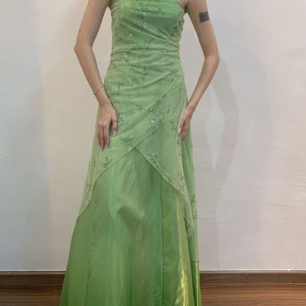 Pretty A Line Strapless Green Tulle Ruffles Long Prom Dress Evening Dresses C3725