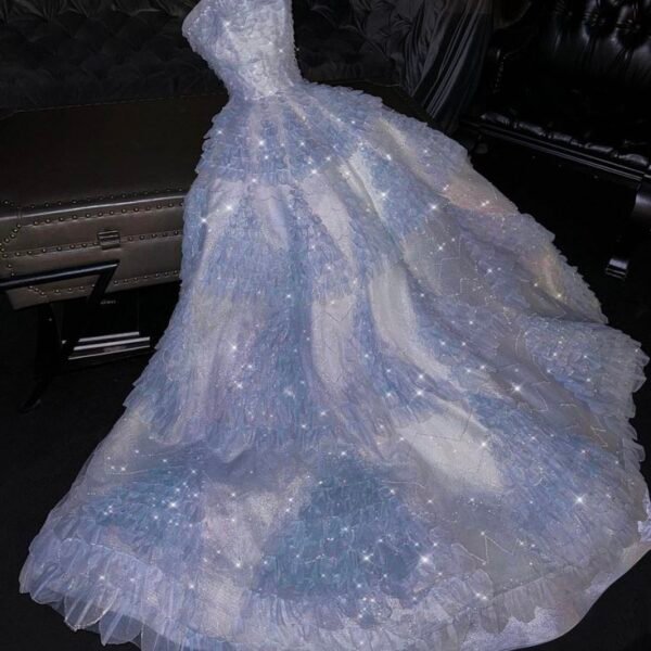 Fairytale A Line Strapless Light Sky Blue Tulle Sleeveless Prom Dress Evening Dresses C3735