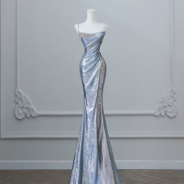 Pretty Mermaid Spaghetti Straps Sequin Blue Long Prom Dresses Party Evening Dress C3808