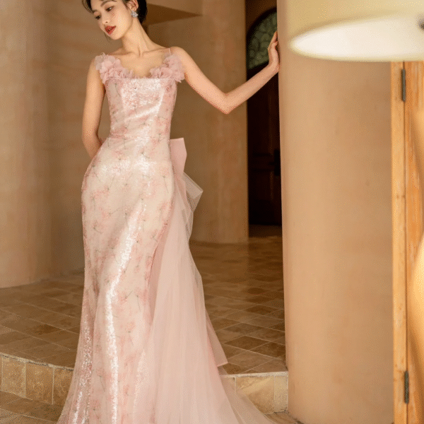 Pretty Mermaid Spaghetti Straps Pink Tulle Sequin Long Prom Dresses C3974