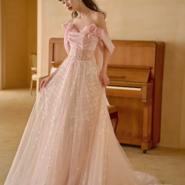 Pretty A Line Off The Shoulder Pink Satin Tulle Sequin Long Prom Dresses C3975