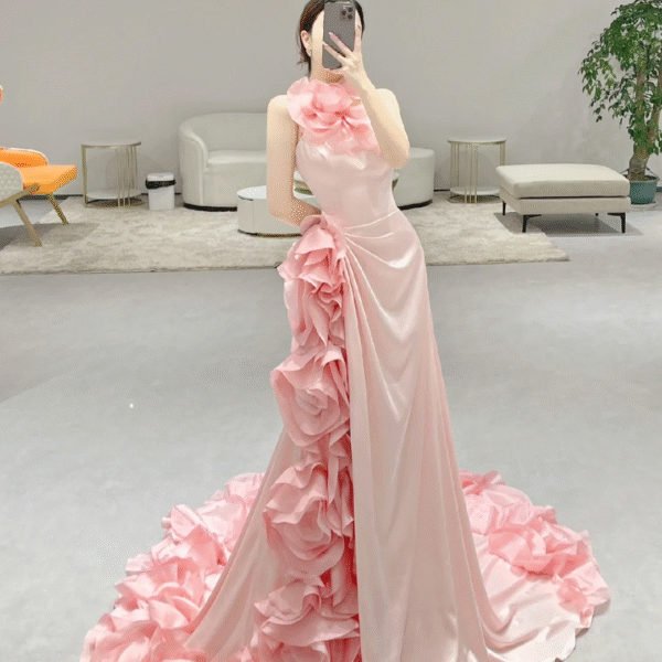 Stunning Mermaid Halter Pink Satin Flowers Long Prom Dresses C3979