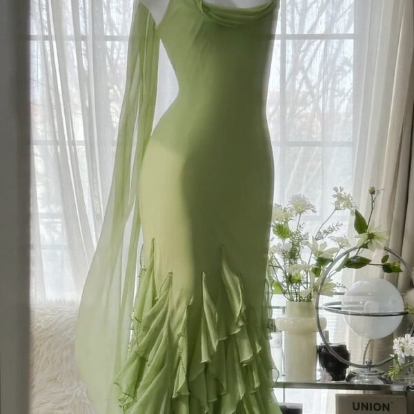 Unique Green Mermaid Spaghetti Straps Chiffon Long Prom Dresses Formal Dress C4646