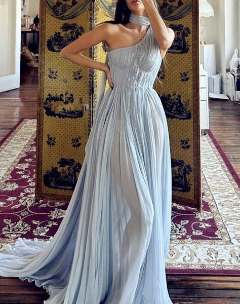 Sexy A Line One Shoulder Light Sky Blue Chiffon Long Evening Dress Prom Dresses Birthday Outfits BD2482