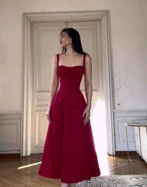 Sexy A Line Straps Red Midi Length Evening Dress Prom Dresses Birthday Outfits BD2487