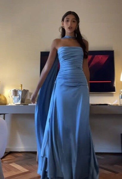 Vintage A line Strapless Blue Satin Evening Dress Prom Dresses Long Birthday Outfits BD2504