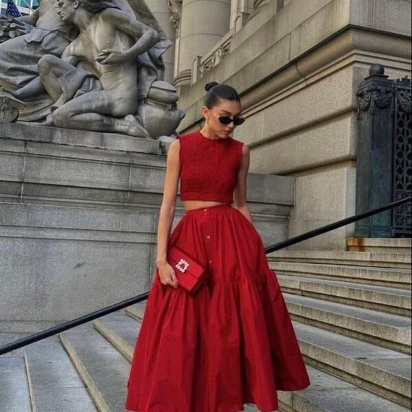 Simple 2 Pieces Red Satin Evening Dress Ankle Length Prom Dresses BD2514